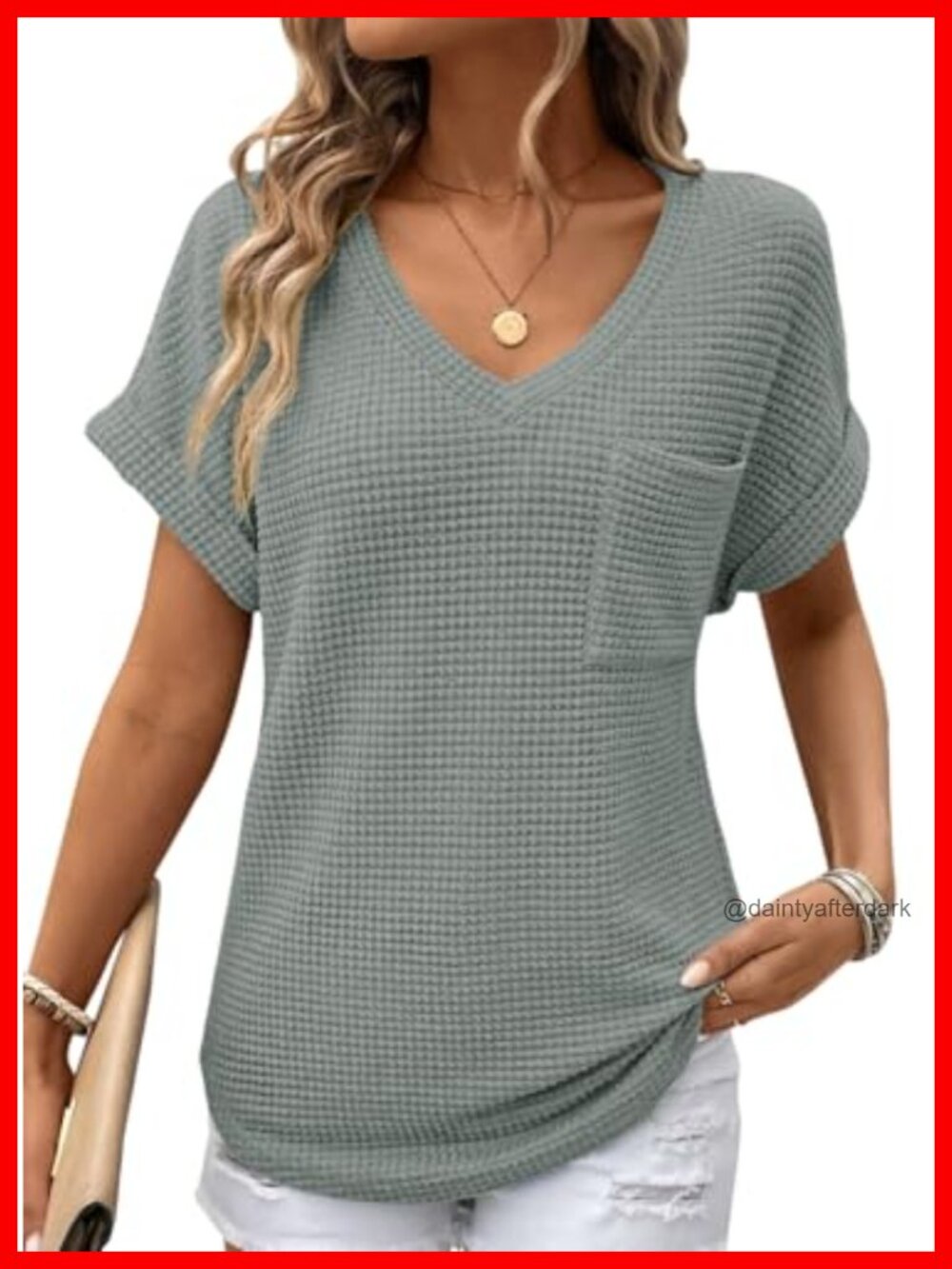 Waffle Knit Womens Short Sleeve V-Neck Basic Tee Loose Fit Tunic Top